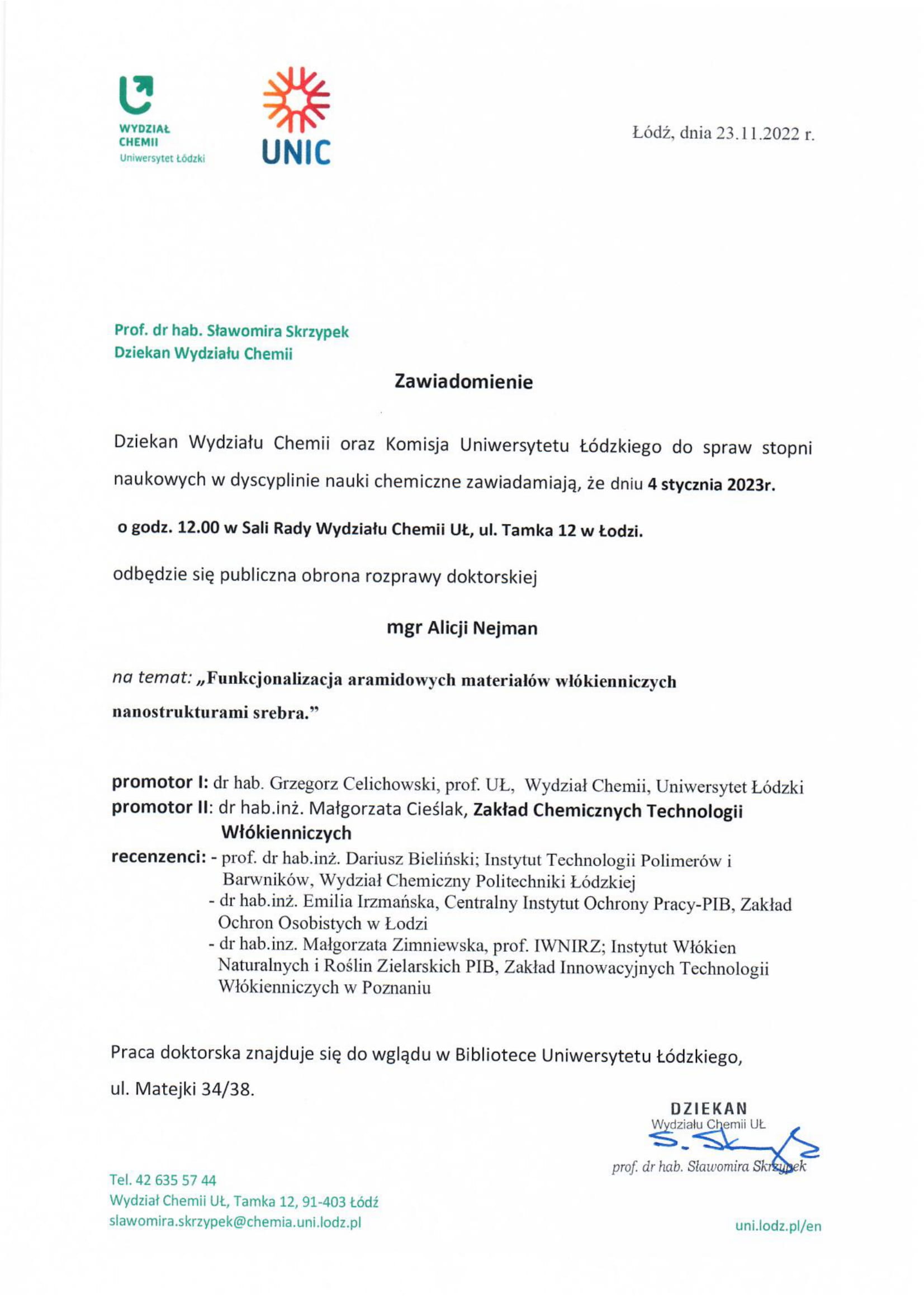 Data obrony pracy: 04.01.2023 Funkcjonalizacja aramidowych materiałów włókienniczych nanostrukturami srebra. Streszczenie Promotor I: dr hab. Grzegorz Celichowski, prof. UŁ, Wydział Chemii, Uniwersytet Łódzki Promotor II: dr hab.inż. Małgorzata Cieślak, Zakład Chemicznych Technologii Włókienniczych Recenzenci: prof. dr hab.inż. Dariusz Bieliński; Instytut Technologii Polimerów i Barwników, Wydział Chemiczny Politechniki Łódzkiej dr hab.inż. Emilia Irzmańska, Centralny Instytut Ochrony Pracy-PIB, Zakład Ochron Osobistych w Łodzi dr hab.inz. Małgorzata Zimniewska, prof. IWNIRZ; Instytut Włókien Naturalnych i Roślin Zielarskich PIB, Zakład Innowacyjnych Technologii Włókienniczych w Poznaniu